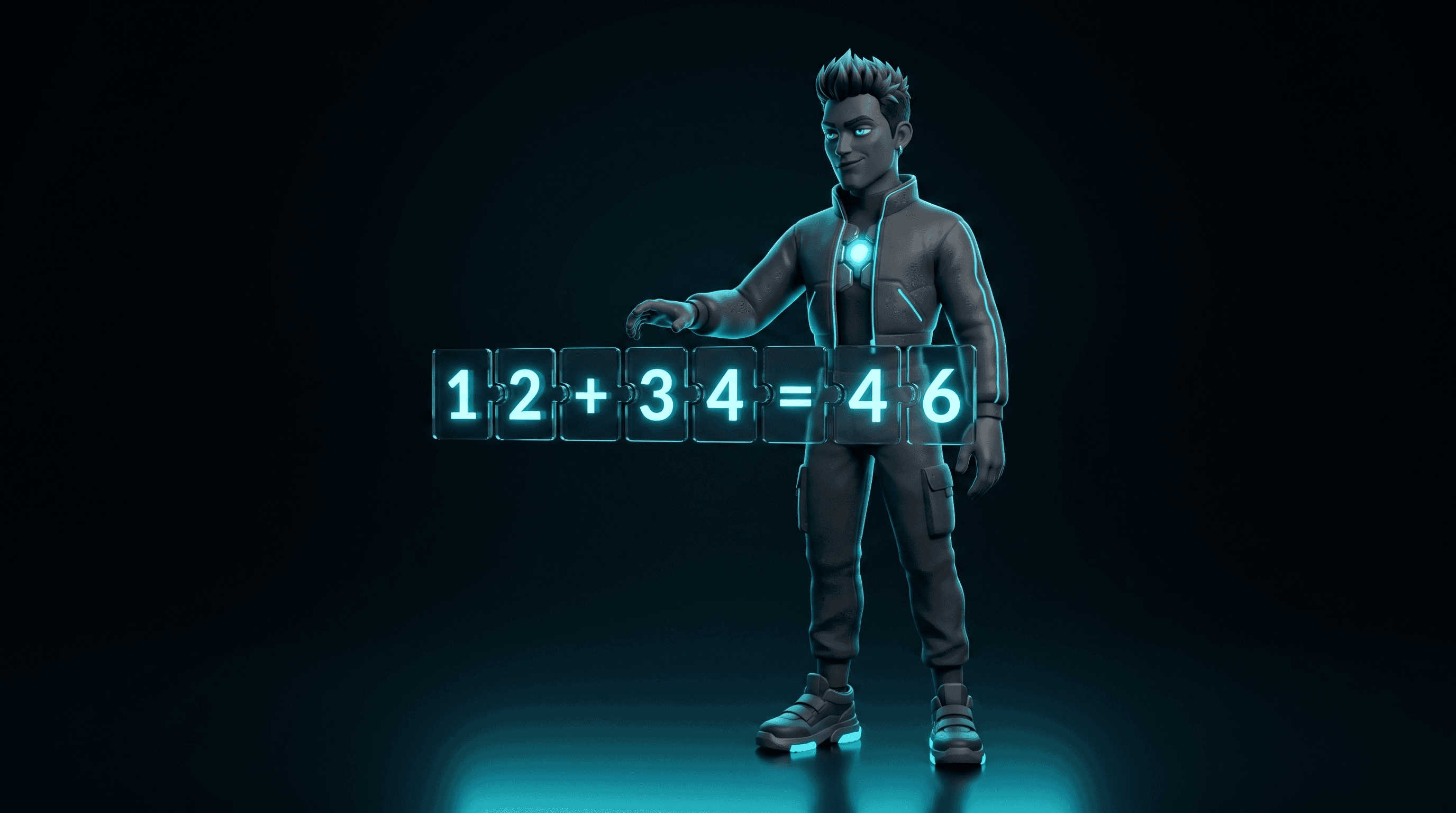 Logicore mascot standing beside a glowing eight-tile equation