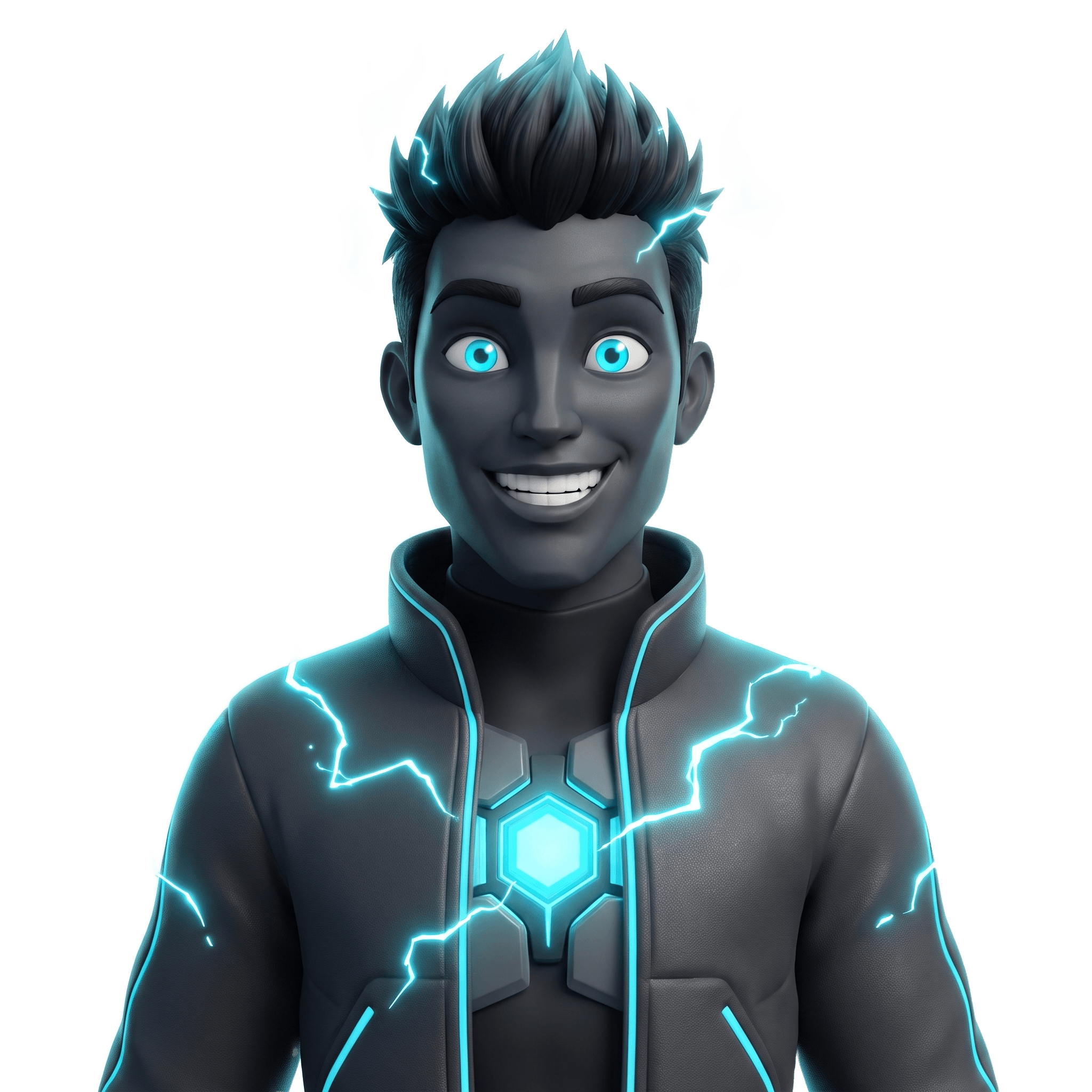 Logicore mascot grinning with cyan lightning around his hair and chest core